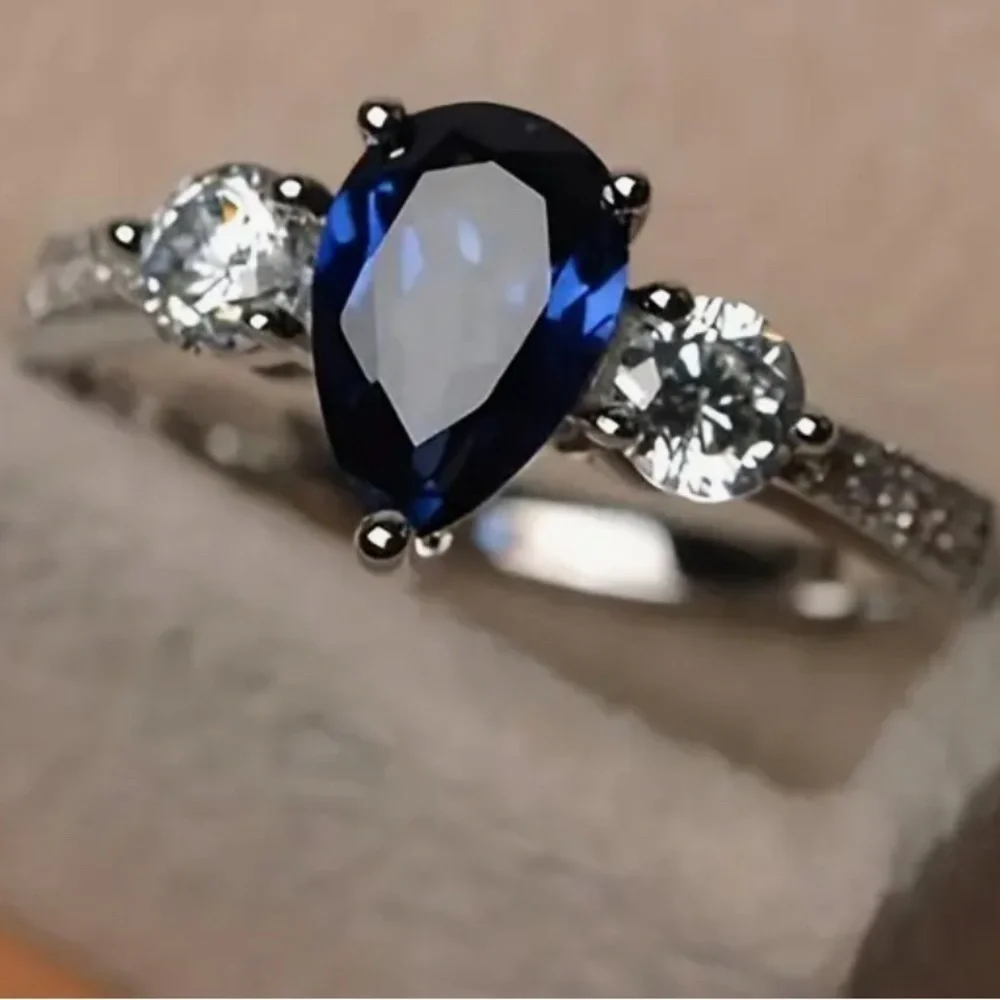 Size 8 Pear Cut Sapphire Blue CZ Ring Silver Tone Three Stone Promise Ring